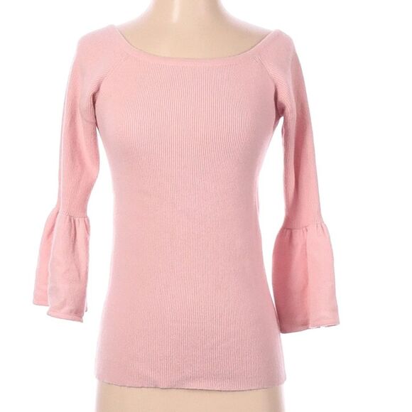 Oats Cashmere 100% Balletcore Pink Ribbed Peplum Bell Sleeve Boat Neck Soft Top - Picture 2 of 7